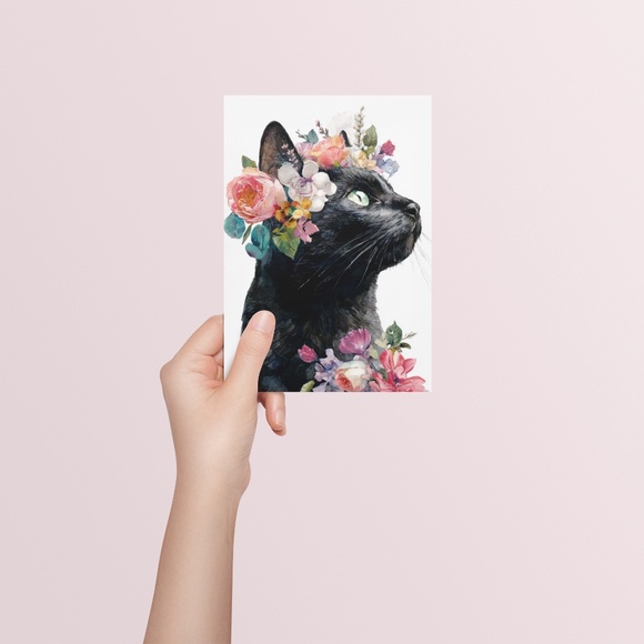 Watercolor Black Cat With Flowers Portrait Wall Art Print Unframed - Picture 4 of 6